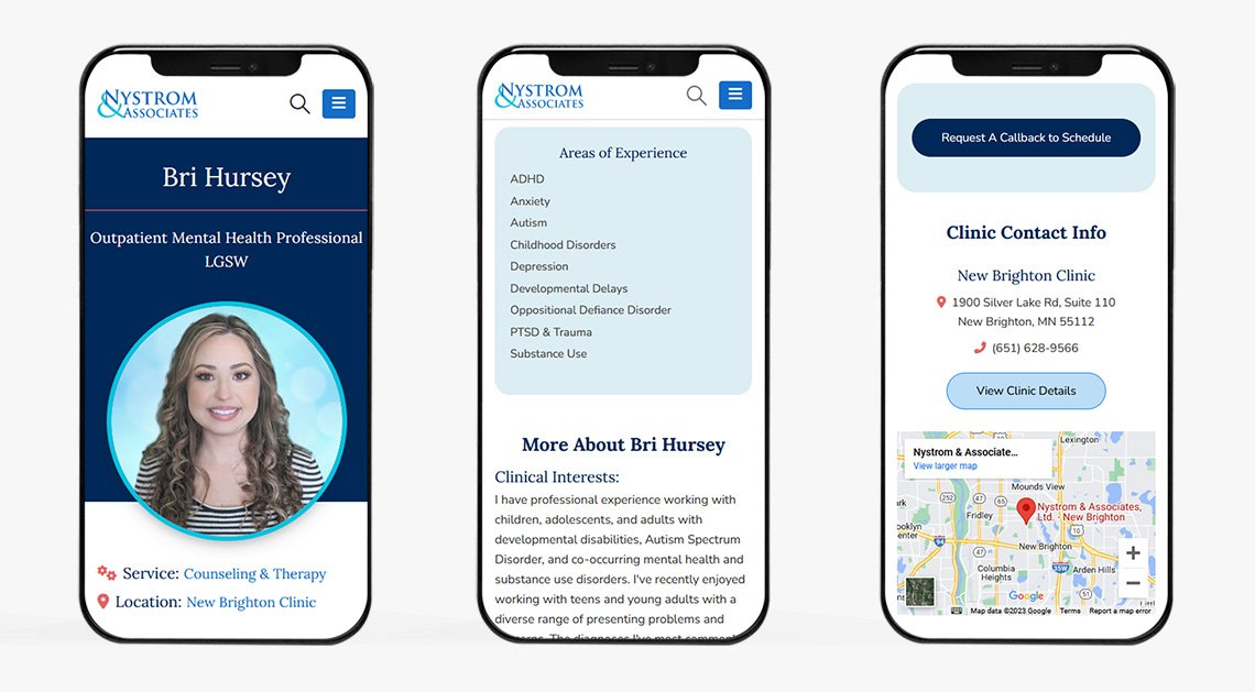 Nystrom & Associates Provider Single page mockups on mobile
